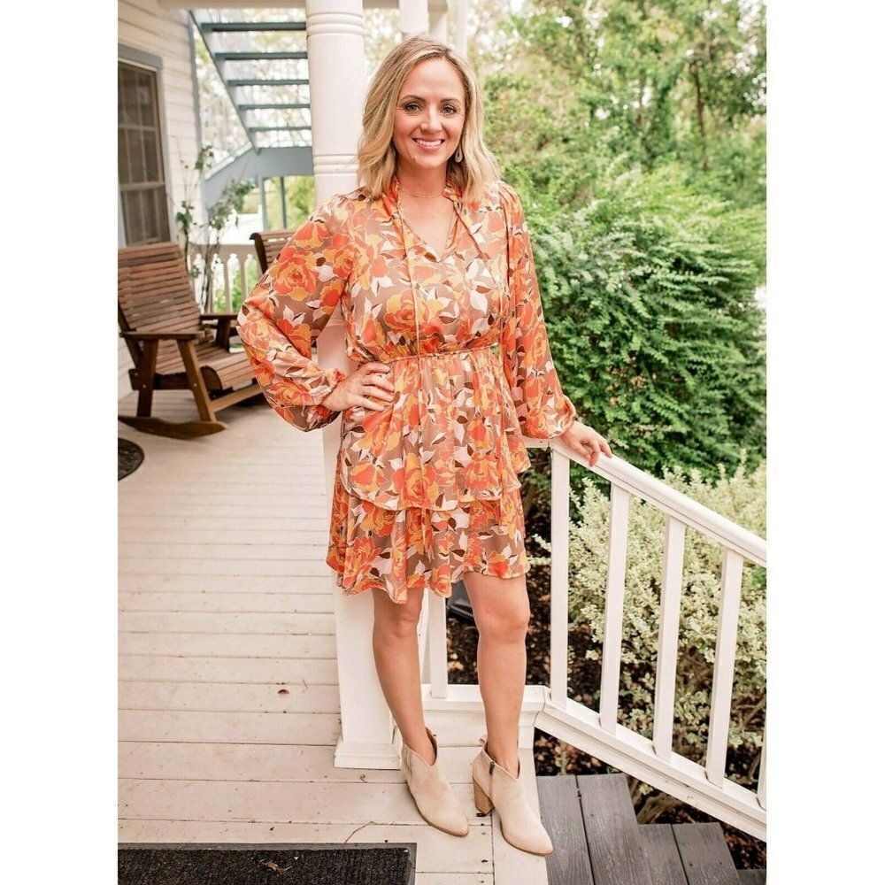 ANDREE BY UNIT Orange Taupe Floral Printed Satin Dress Fall New S-L D10288 - Picture 12 of 12